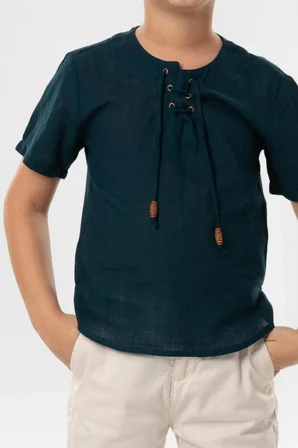 Kısa Kol Şile Bezi Zımbalı Yazlık Erkek Çocuk Tshirt Koyu Petrol 3069