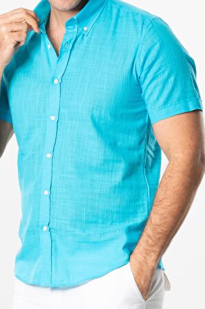 Ada Şile Bezi Kısa Kol Yazlık Erkek Gömlek Turkuaz 3054