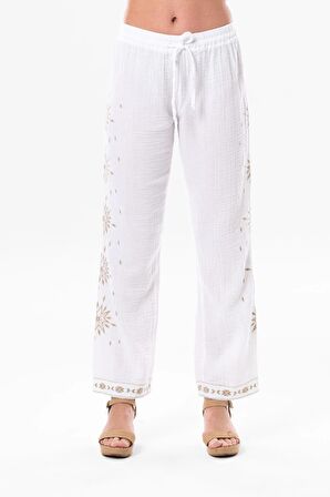 Beli Lastikli Günışığı Yazlık Müslin Pantolon Beyaz Byz