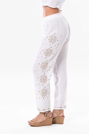 Beli Lastikli Günışığı Yazlık Müslin Pantolon Beyaz Byz