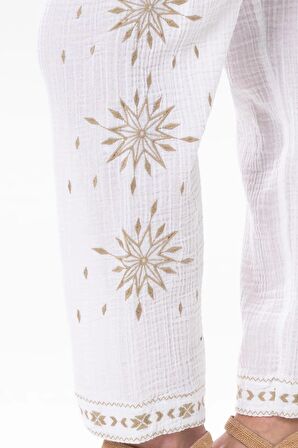 Beli Lastikli Günışığı Yazlık Müslin Pantolon Beyaz Byz