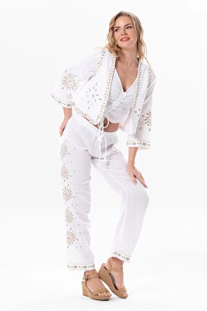Beli Lastikli Günışığı Yazlık Müslin Pantolon Beyaz Byz