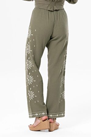Beli Lastikli Günışığı Yazlık Müslin Pantolon Haki Hk