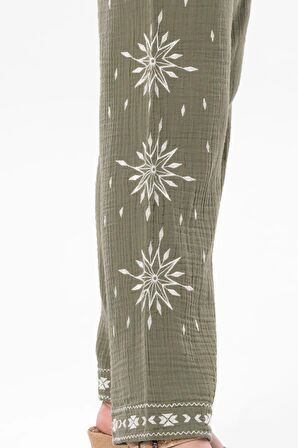 Beli Lastikli Günışığı Yazlık Müslin Pantolon Haki Hk