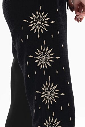 Beli Lastikli Günışığı Yazlık Müslin Pantolon Siyah Syh