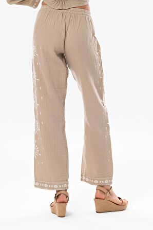 Beli Lastikli Günışığı Yazlık Müslin Pantolon Vizon Vzn