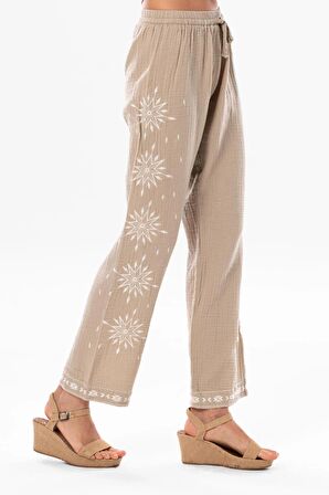 Beli Lastikli Günışığı Yazlık Müslin Pantolon Vizon Vzn