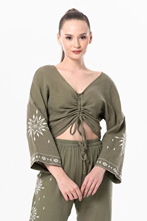 Uzun Kol Günışığı Büzgü Detaylı Yazlık Müslin Bluz Haki Hk