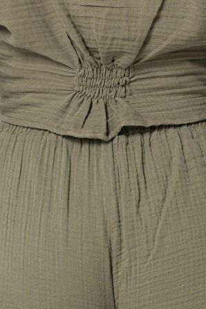 Uzun Kol Günışığı Büzgü Detaylı Yazlık Müslin Bluz Haki Hk