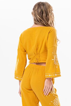 Uzun Kol Günışığı Büzgü Detaylı Yazlık Müslin Bluz Hardal Hrd