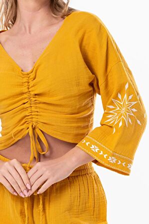 Uzun Kol Günışığı Büzgü Detaylı Yazlık Müslin Bluz Hardal Hrd