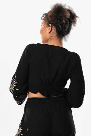 Uzun Kol Günışığı Büzgü Detaylı Yazlık Müslin Bluz Siyah Syh