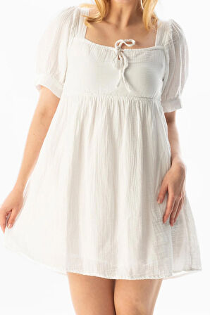 Kısa Kol Lara Kare Yaka Bağlama Detaylı Yazlık Müslin Elbise Beyaz Byz