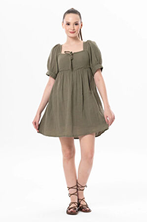 Kısa Kol Lara Kare Yaka Bağlama Detaylı Yazlık Müslin Elbise Haki Hk