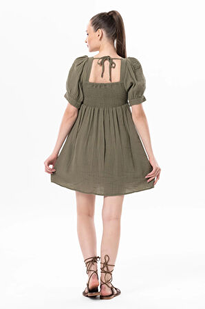 Kısa Kol Lara Kare Yaka Bağlama Detaylı Yazlık Müslin Elbise Haki Hk