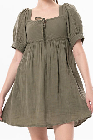 Kısa Kol Lara Kare Yaka Bağlama Detaylı Yazlık Müslin Elbise Haki Hk