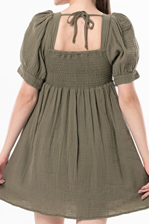 Kısa Kol Lara Kare Yaka Bağlama Detaylı Yazlık Müslin Elbise Haki Hk