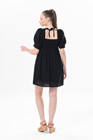 Kısa Kol Lara Kare Yaka Bağlama Detaylı Yazlık Müslin Elbise Siyah Syh