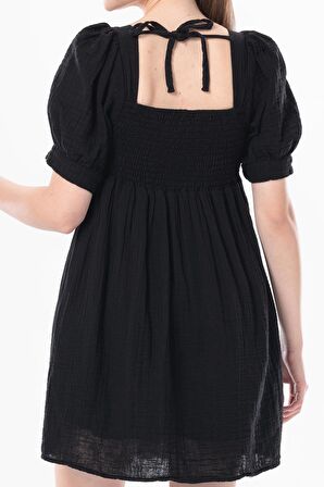 Kısa Kol Lara Kare Yaka Bağlama Detaylı Yazlık Müslin Elbise Siyah Syh