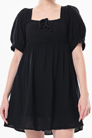 Kısa Kol Lara Kare Yaka Bağlama Detaylı Yazlık Müslin Elbise Siyah Syh