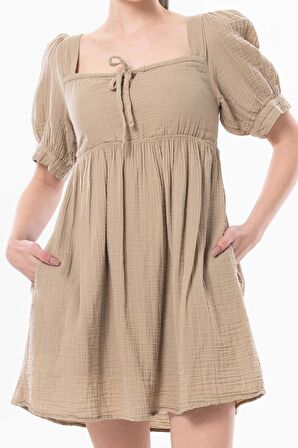 Kısa Kol Lara Kare Yaka Bağlama Detaylı Yazlık Müslin Elbise Vizon Vzn