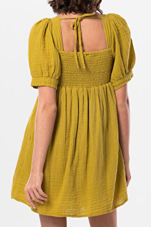 Kısa Kol Lara Kare Yaka Bağlama Detaylı Yazlık Müslin Elbise Yağ Yeşili Ygysl