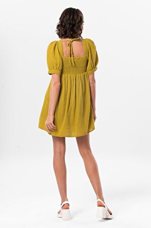 Kısa Kol Lara Kare Yaka Bağlama Detaylı Yazlık Müslin Elbise Yağ Yeşili Ygysl