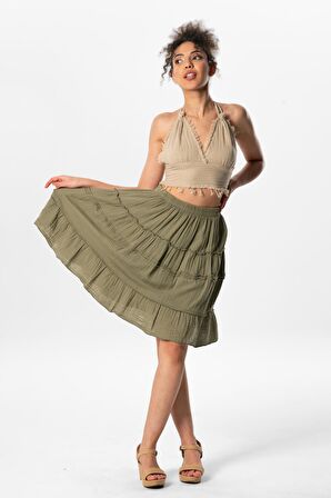 Benan Beli Lastikli Kısa Yazlık Müslin Etek Haki Hk