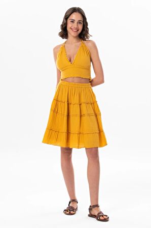 Benan Beli Lastikli Kısa Yazlık Müslin Etek Hardal Hrd