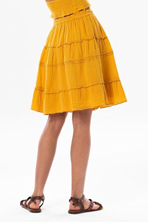 Benan Beli Lastikli Kısa Yazlık Müslin Etek Hardal Hrd