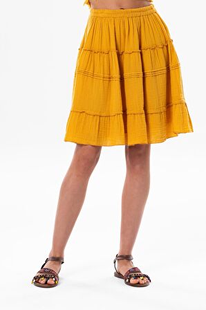 Benan Beli Lastikli Kısa Yazlık Müslin Etek Hardal Hrd