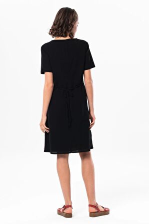 Kısa Kol Şile Bezi Kruvaze Yaka Nakışlı Tülin Midi Boy Yazlık Otantik Elbise Siyah Syh