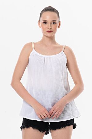 Askılı Alaçatı Yazlık Müslin Bluz Beyaz Byz