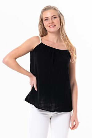 Askılı Alaçatı Yazlık Müslin Bluz Siyah Syh