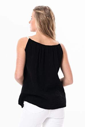 Askılı Alaçatı Yazlık Müslin Bluz Siyah Syh