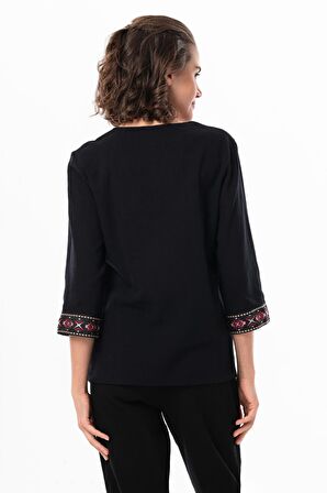 Truvakar Kol V Yaka Nakışlı Talya Şile Bezi Yazlık Bluz Siyah Syh