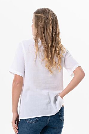 Kısa Kol Şile Bezi Gökkuşağı Nakış Detaylı Yazlık Bluz Beyaz Byz