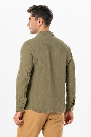 Uzun Kol Müslin Yazlık Erkek Gömlek Haki Hk