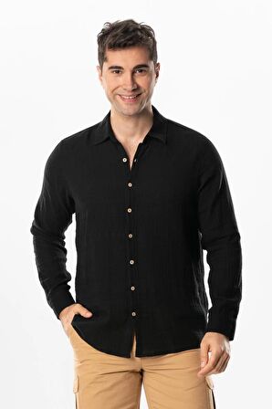 Uzun Kol Müslin Yazlık Erkek Gömlek Siyah Syh