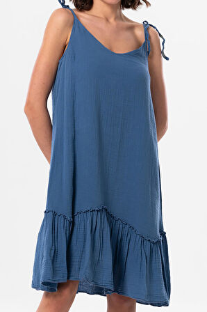 Askılı Serra Volanlı Kısa Yazlık Müslin Elbise İndigo indg