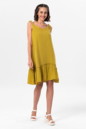 Askılı Serra Volanlı Kısa Yazlık Müslin Elbise Yağ Yeşili Ygysl