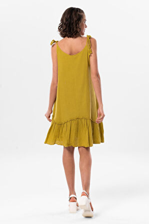 Askılı Serra Volanlı Kısa Yazlık Müslin Elbise Yağ Yeşili Ygysl