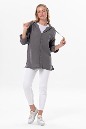 Uzun Kol Kapüşonlu Kadın Yazlık Müslin Sweatshirt Gri Gri