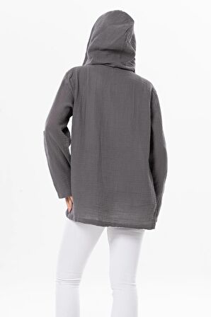 Uzun Kol Kapüşonlu Kadın Yazlık Müslin Sweatshirt Gri Gri
