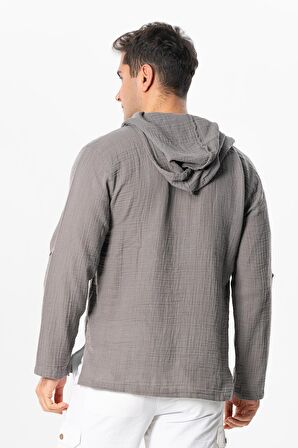 Uzun Kol Erkek Kapüşonlu Yazlık Müslin Sweatshirt Gri Gri