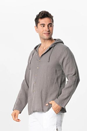 Uzun Kol Erkek Kapüşonlu Yazlık Müslin Sweatshirt Gri Gri