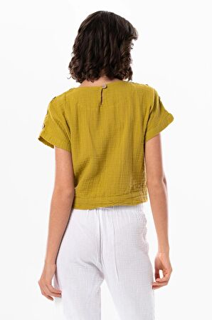 Kısa Kol İzel Yazlık Müslin Bluz Yağ Yeşili Ygysl