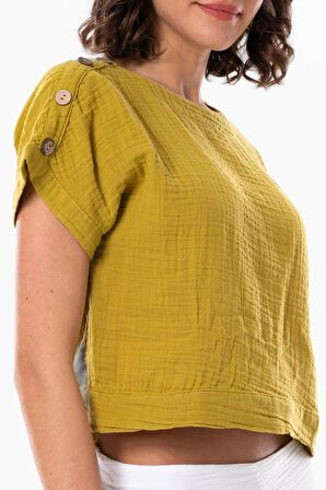 Kısa Kol İzel Yazlık Müslin Bluz Yağ Yeşili Ygysl