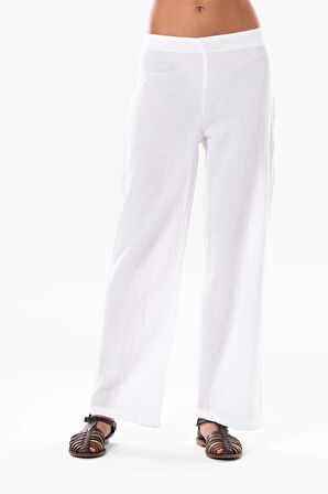 Sardunya Beli Lastikli Müslin Pantolon Beyaz Byz