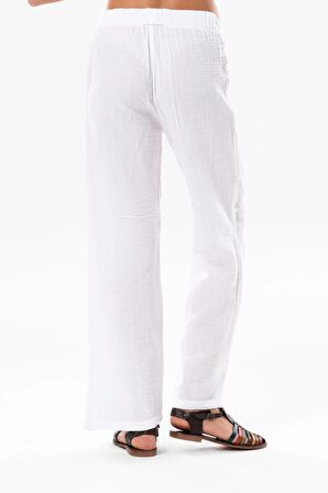 Sardunya Beli Lastikli Müslin Pantolon Beyaz Byz